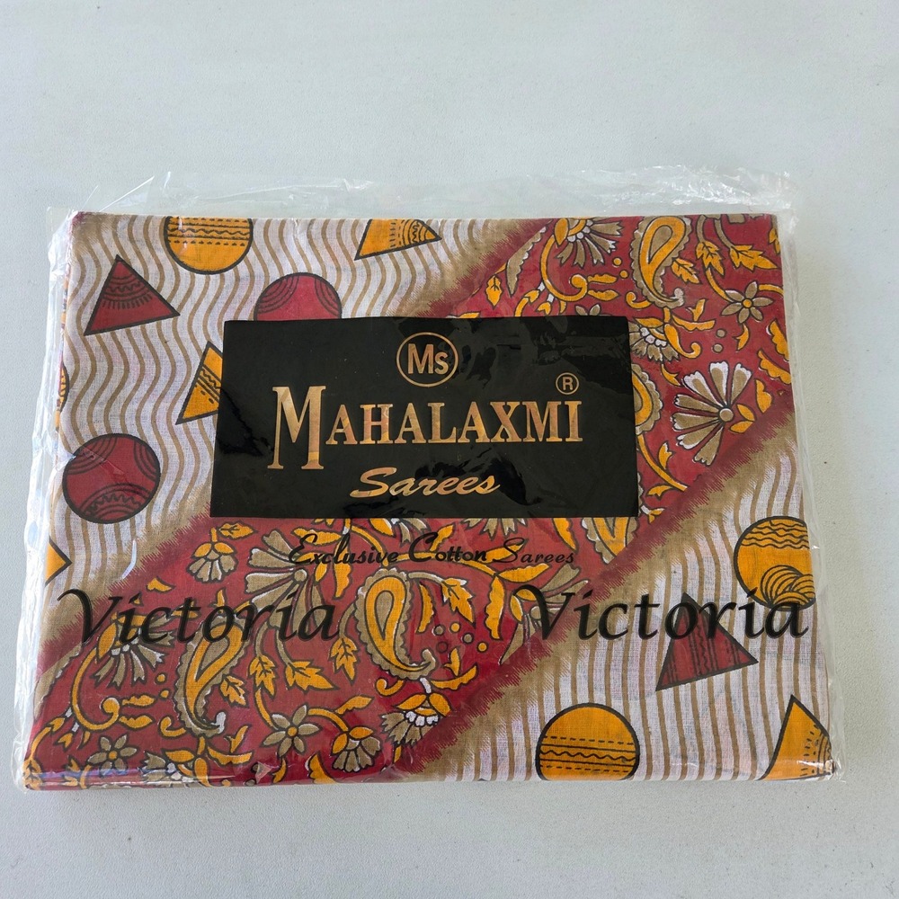 NEW in Package-Mahalaxmi Sarees Cotton Red Yellow Tan Geometric & Paisley India